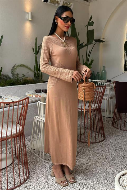 Openwork Detailed Crew Neck Knit Dress 2861