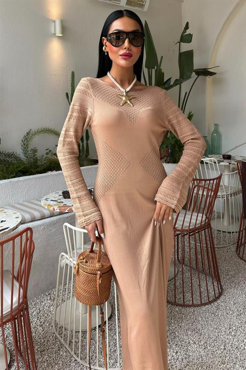 Openwork Detailed Crew Neck Knit Dress 2861
