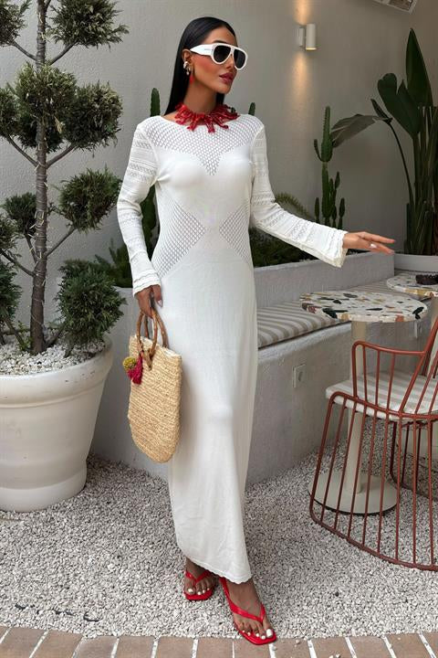 Openwork Detailed Crew Neck Knit Dress 2861