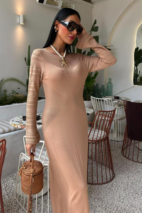 Openwork Detailed Crew Neck Knit Dress 2861