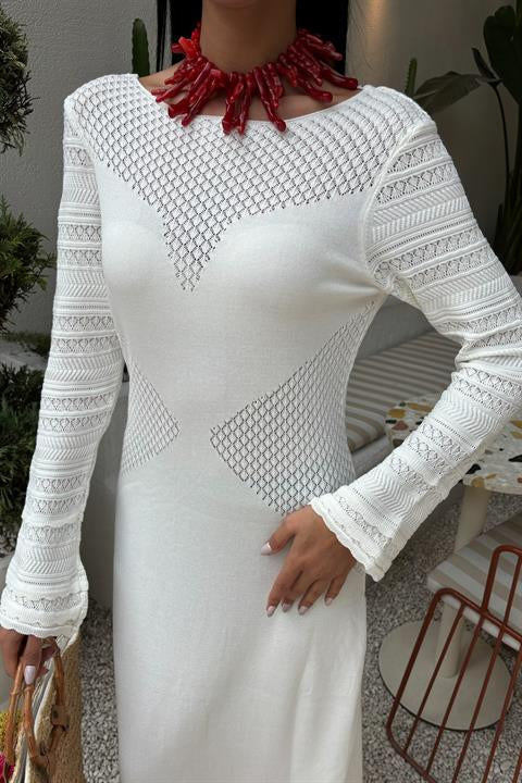 Openwork Detailed Crew Neck Knit Dress 2861