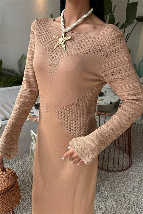 Openwork Detailed Crew Neck Knit Dress 2861