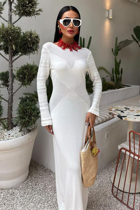 Openwork Detailed Crew Neck Knit Dress 2861