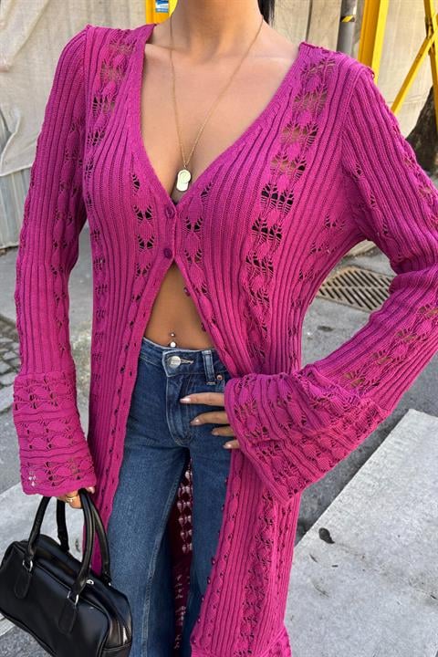 Openwork Long Buttoned Knitwear Cardigan 5181