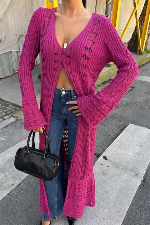Openwork Long Buttoned Knitwear Cardigan 5181