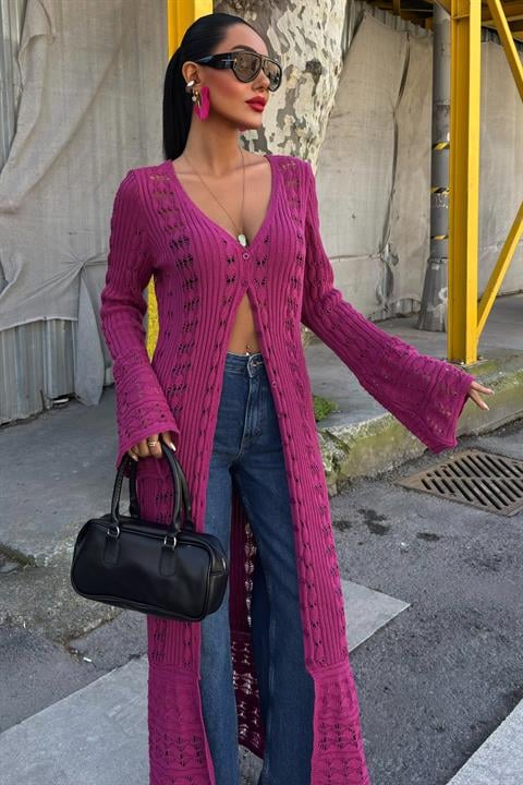 Openwork Long Buttoned Knitwear Cardigan 5181