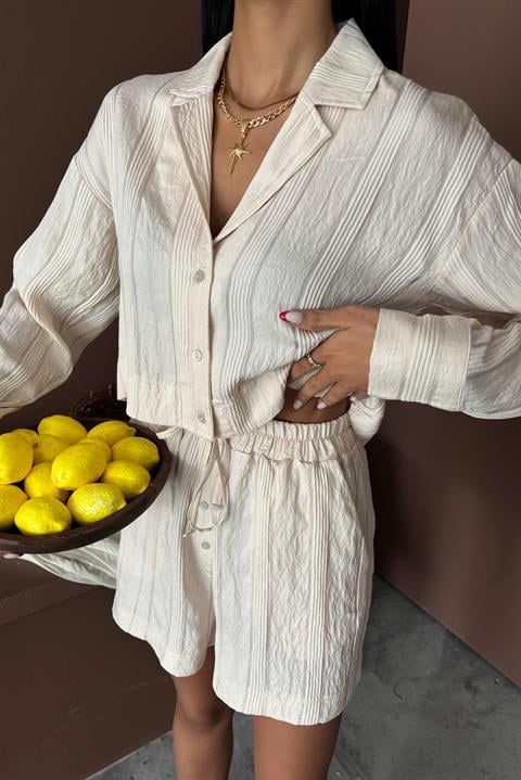 Applique Collar and Button Detailed Viscose Suit 9861