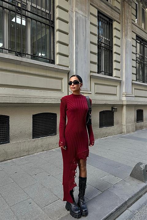 Asymmetrical Detailed Ribbed Knitwear Dress 2824