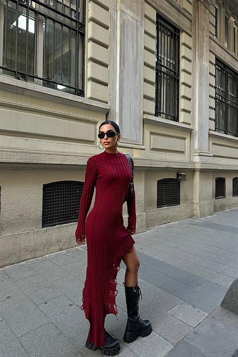 Asymmetrical Detailed Ribbed Knitwear Dress 2824