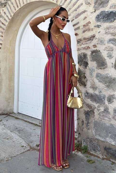 Strappy Pleated Detailed Colorful Maxi Dress 2748