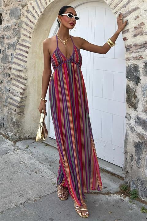 Strappy Pleated Detailed Colorful Maxi Dress 2748