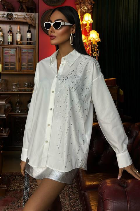 Moon Figured Stone Embroidered Poplin Shirt 3440