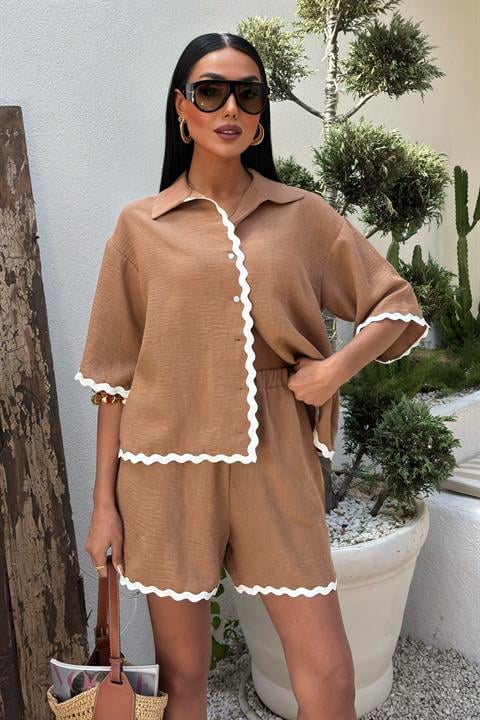 Piping Detailed Shorts Linen Suit 10123