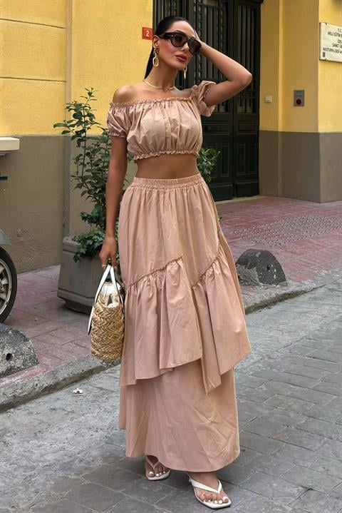 Gathered Crop Layer Detailed Ruffle Skirt Suit 10196