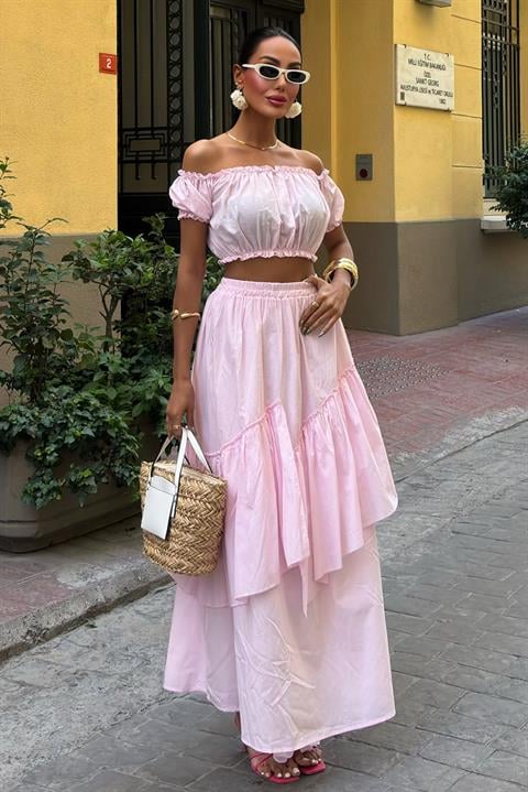 Gathered Crop Layer Detailed Ruffle Skirt Suit 10196