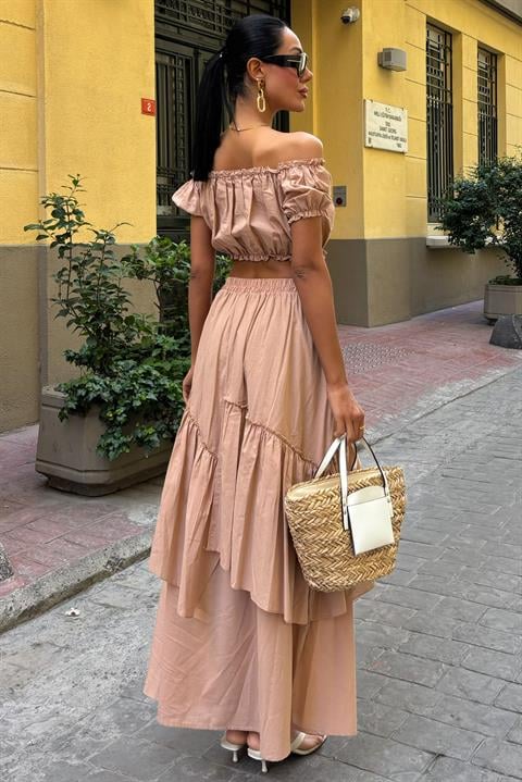 Gathered Crop Layer Detailed Ruffle Skirt Suit 10196