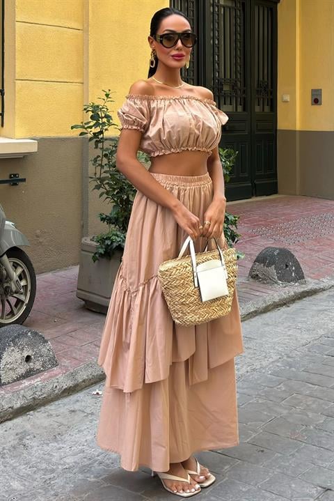 Gathered Crop Layer Detailed Ruffle Skirt Suit 10196