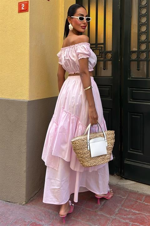 Gathered Crop Layer Detailed Ruffle Skirt Suit 10196