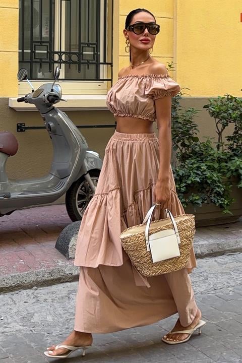 Gathered Crop Layer Detailed Ruffle Skirt Suit 10196