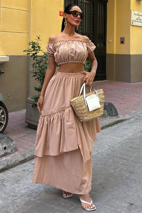 Gathered Crop Layer Detailed Ruffle Skirt Suit 10196