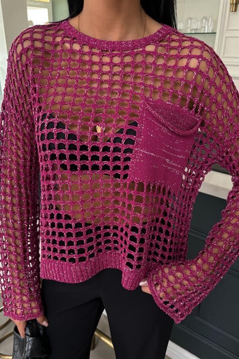 Pocket Detail Glittery Openwork Knit Blouse 1361