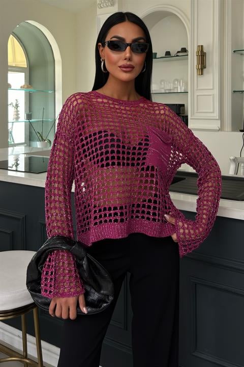 Pocket Detail Glittery Openwork Knit Blouse 1361