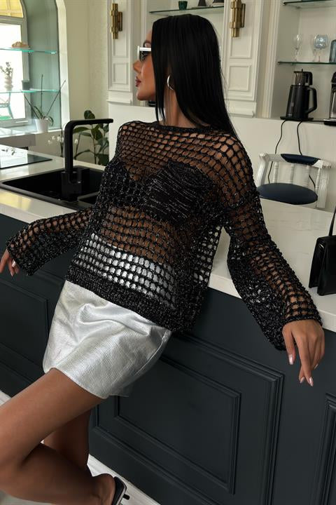 Pocket Detail Glittery Openwork Knit Blouse 1361