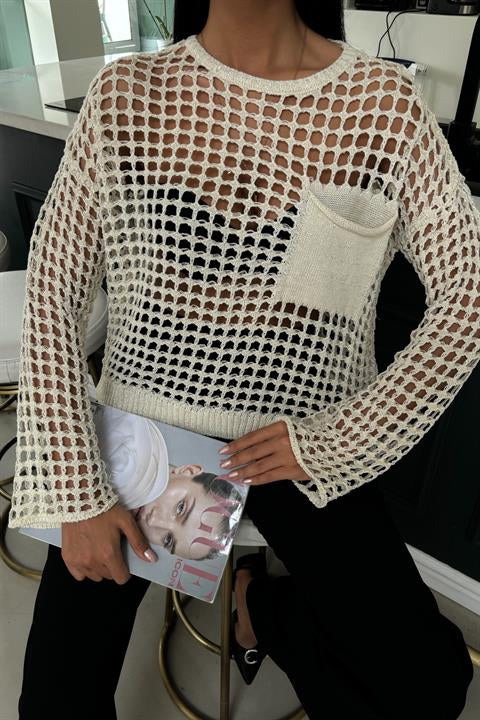 Pocket Detail Glittery Openwork Knit Blouse 1361