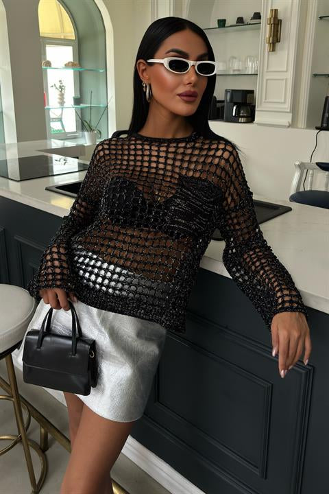 Pocket Detail Glittery Openwork Knit Blouse 1361