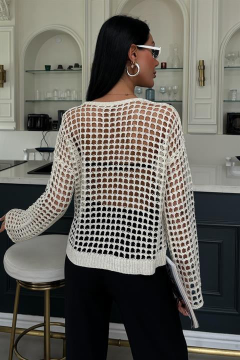 Pocket Detail Glittery Openwork Knit Blouse 1361