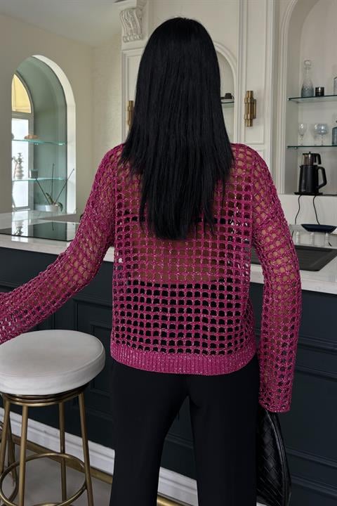 Pocket Detail Glittery Openwork Knit Blouse 1361