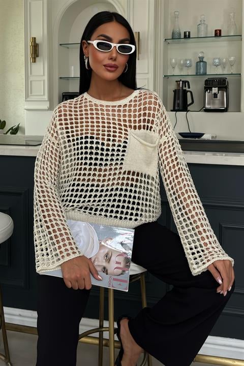 Pocket Detail Glittery Openwork Knit Blouse 1361