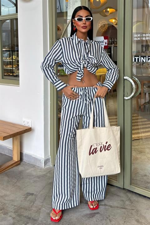 Casual Striped Suit with Pocket Detail 10172