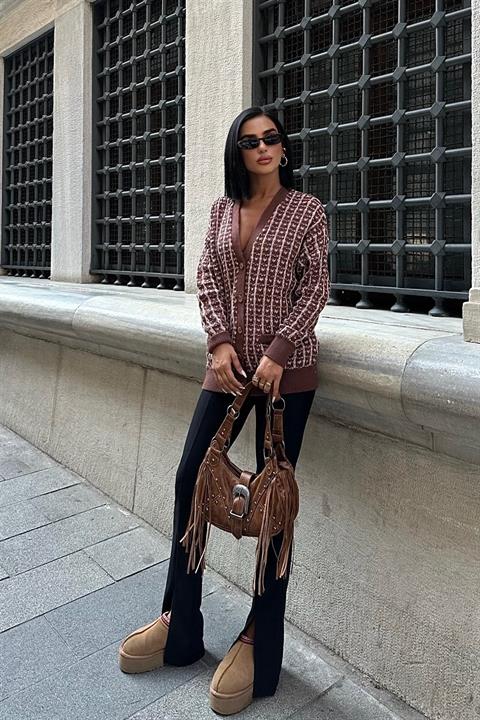 Pocket Buttoned Knitted Patterned Cardigan 5112-01