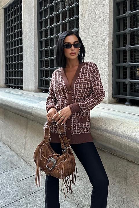 Pocket Buttoned Knitted Patterned Cardigan 5112-01