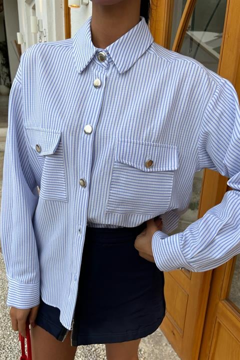 Striped Seersucker Metal Buttoned Shirt 3460
