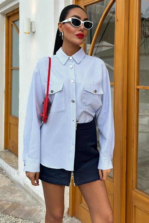Striped Seersucker Metal Buttoned Shirt 3460