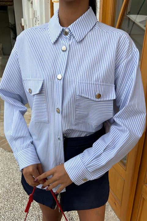 Striped Seersucker Metal Buttoned Shirt 3460