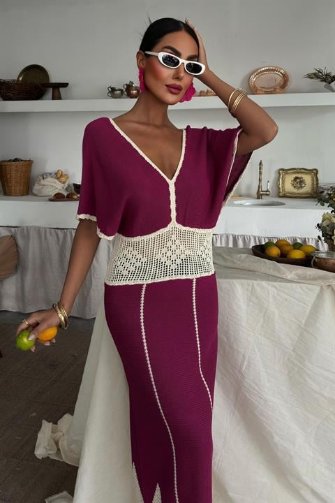 Lace Patterned V Neck Knit Dress 2844