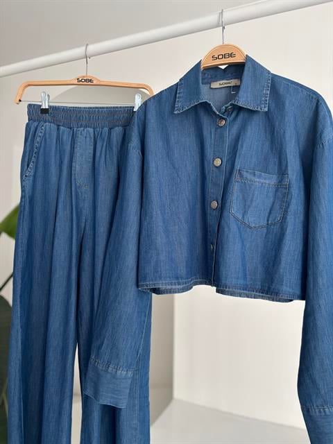 Denim Shirt Plazzo Trousers Set 10163-08