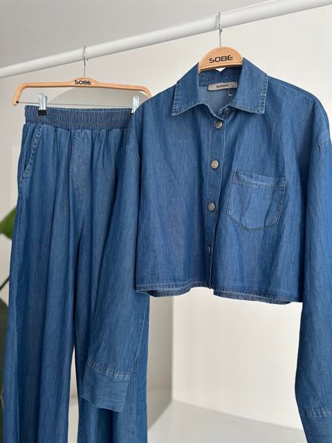 Denim Shirt Plazzo Trousers Set 10163-08