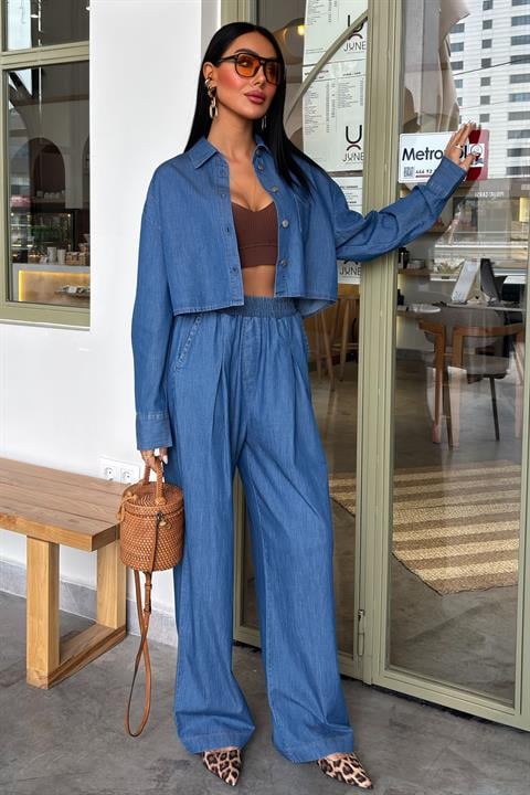 Denim Shirt Plazzo Trousers Set 10163-08