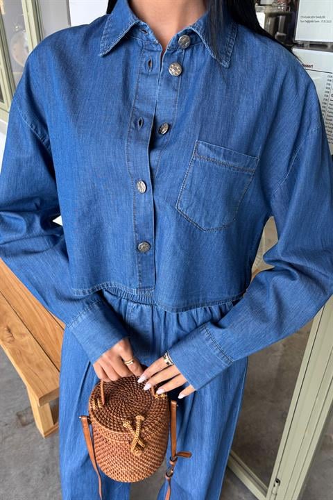 Denim Shirt Plazzo Trousers Set 10163-08