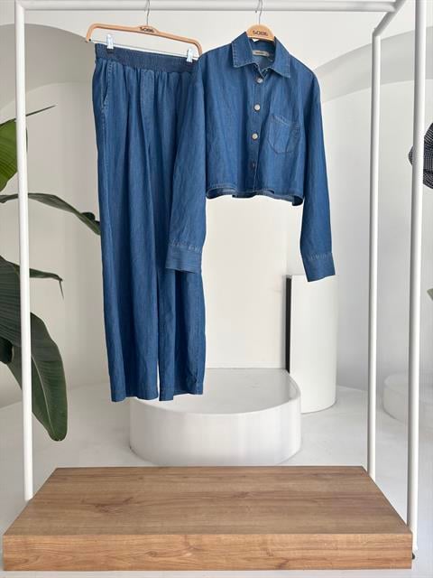 Denim Shirt Plazzo Trousers Set 10163-08