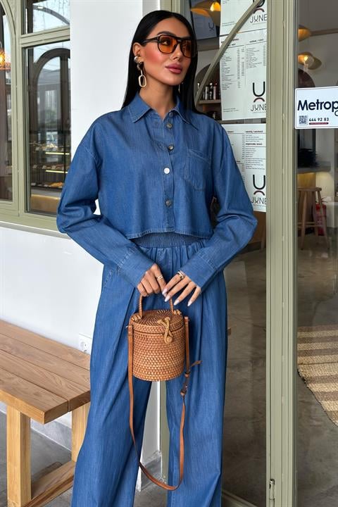 Denim Shirt Plazzo Trousers Set 10163-08