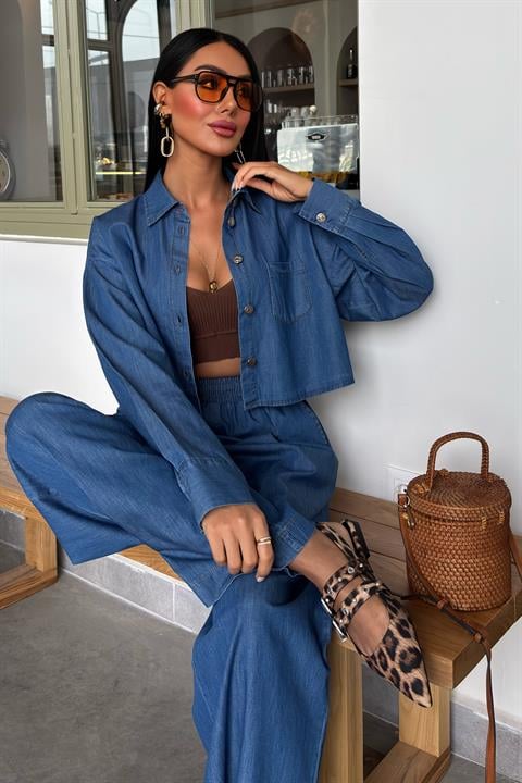 Denim Shirt Plazzo Trousers Set 10163-08