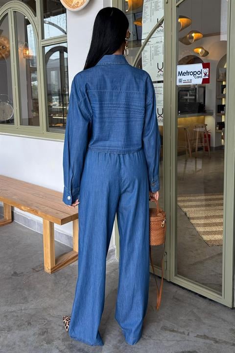 Denim Shirt Plazzo Trousers Set 10163-08