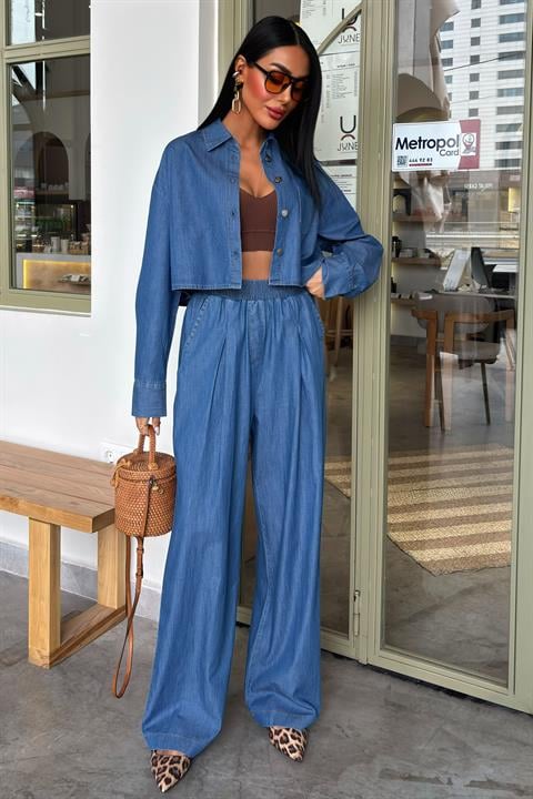 Denim Shirt Plazzo Trousers Set 10163-08