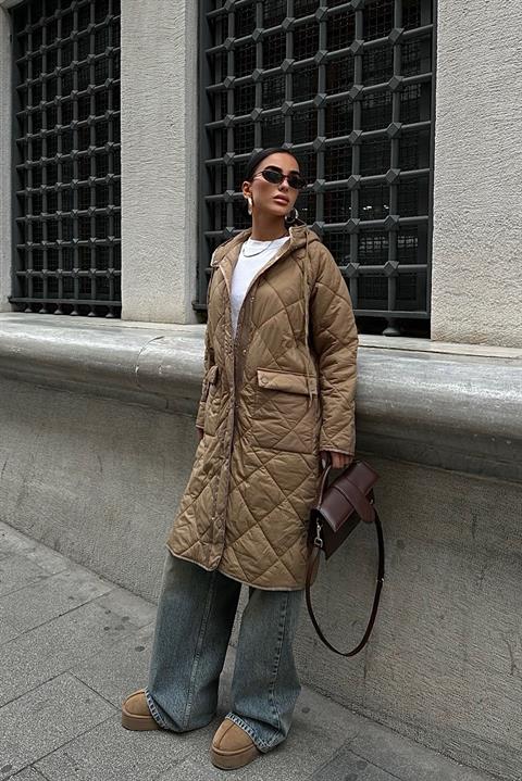 Zipper and Hooded Long Quilted Coat 7062