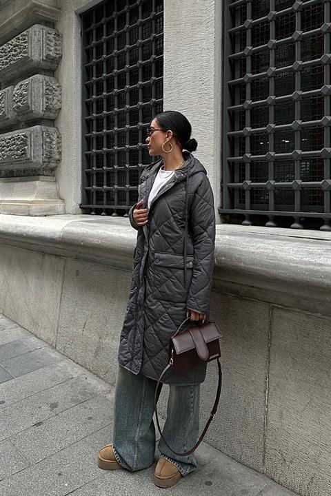 Zipper and Hooded Long Quilted Coat 7062